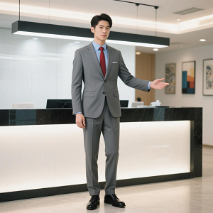 夏季灰色男士職業裝前臺商務西服套裝定制藍襯衫紅領帶300.png